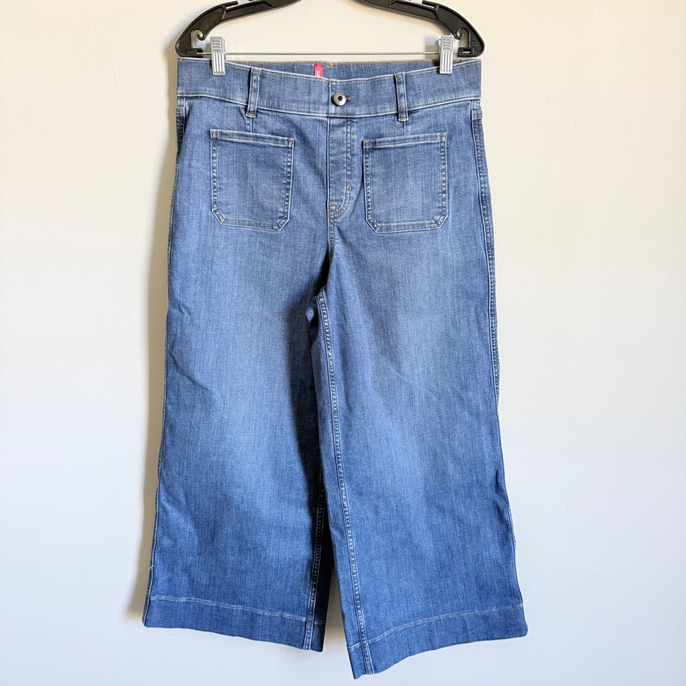 Spanx Wide Leg Cropped Jeans Medium Wash Pull On Denim Culottes Large